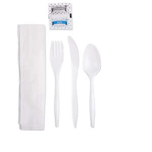 Picture of 6 Piece Medium Weight White Cutlery Kit (Fork, Knife, Teaspoon, Napkin, Salt, Pepper)